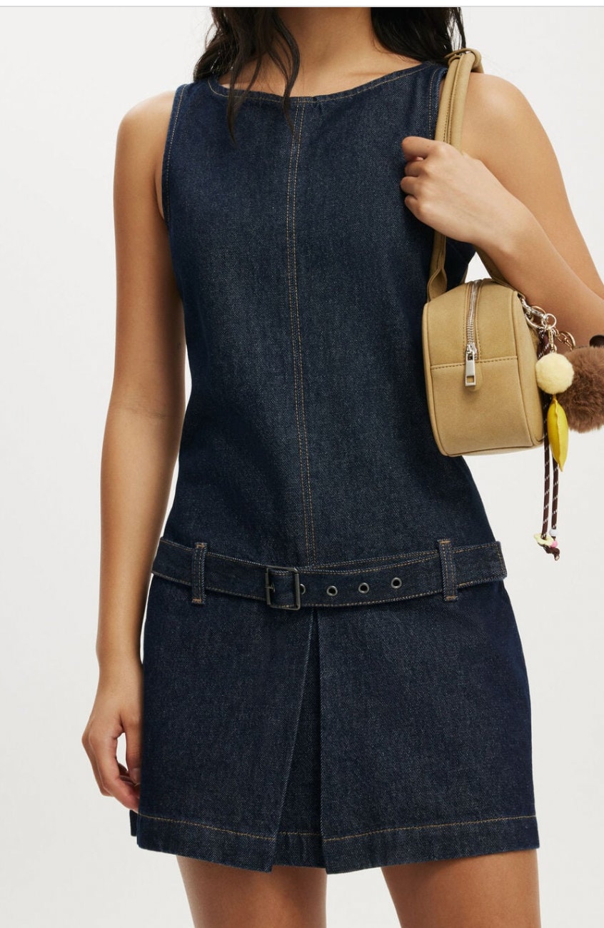 New Cotton On Luisa Belted Denim Mini Dress Nwt Size 2 Dark Wash
